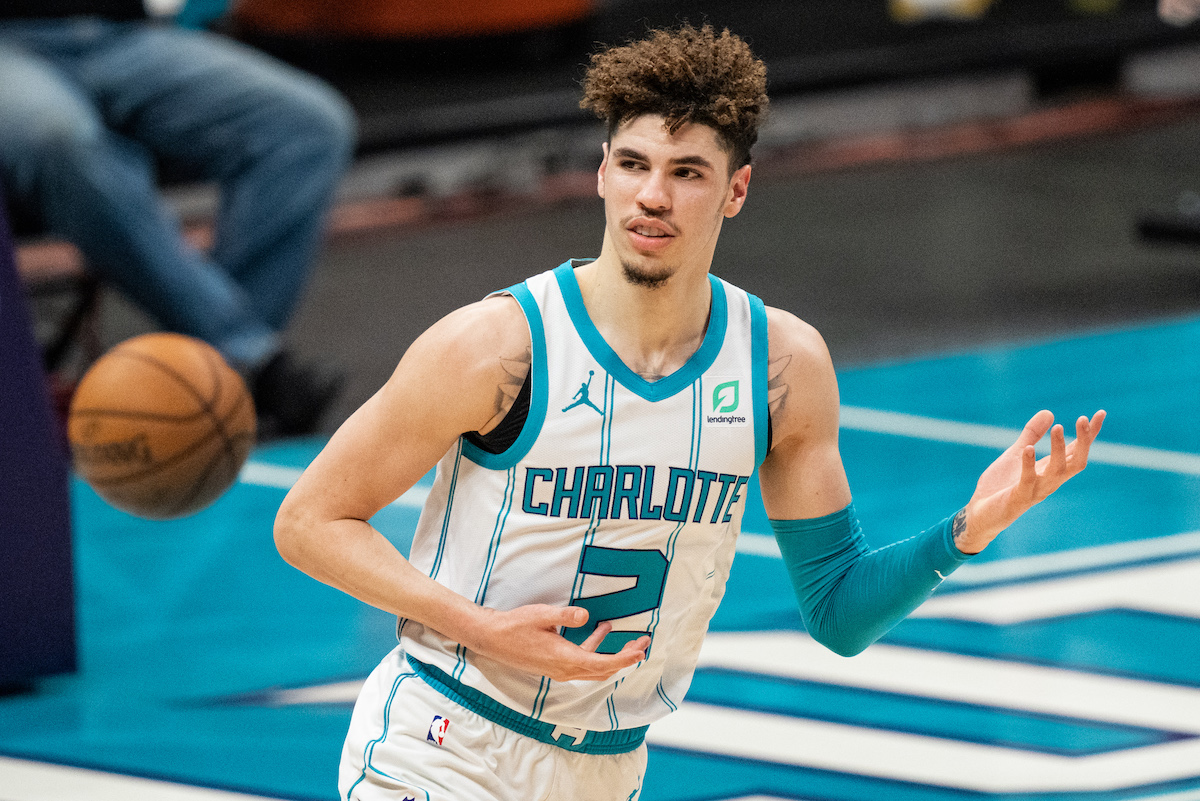 LaMelo Ball of the Charlotte Hornets reacts after making a lay up against the Miami Heat during their game at Spectrum Center on May 02, 2021 in Charlotte, North Carolina.