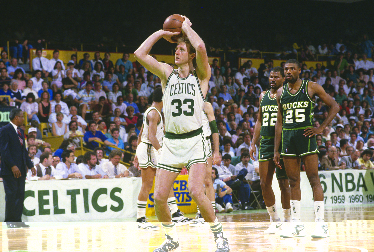 Larry Bird takes a foul shot during his Boston Celtics days.