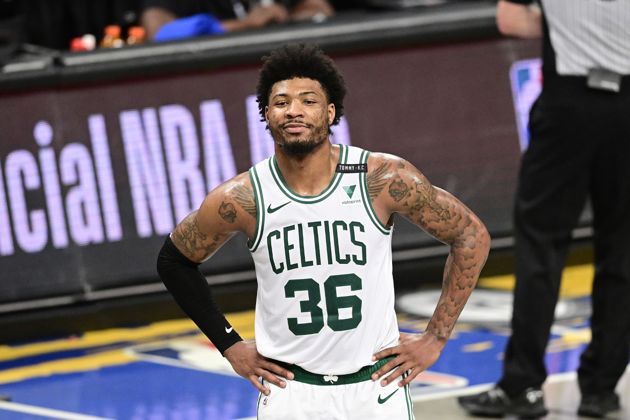 Marcus Smart looks on during Game 5 against the Brooklyn Nets.