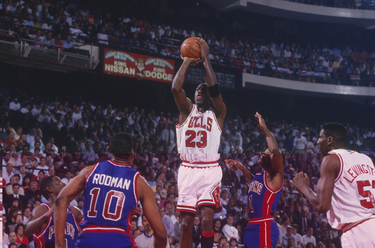 Michael Jordan takes a jump shot in the 1991 Eastern Conference Finals.