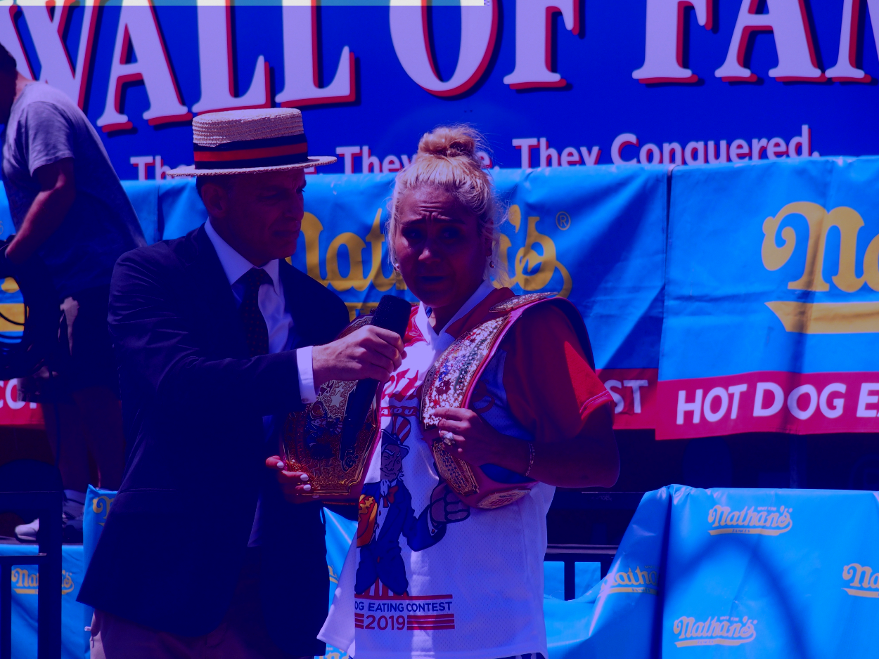 Miki Sudo is interviewed after winning the Nathan's Hot Dog Eating Contest in 2019.