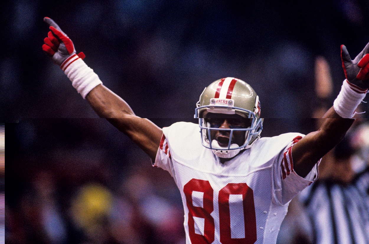 NFL legend Jerry Rice celebrates a touchdown during the San Francisco 49ers' Super Bowl 24 win over the Denver Broncos