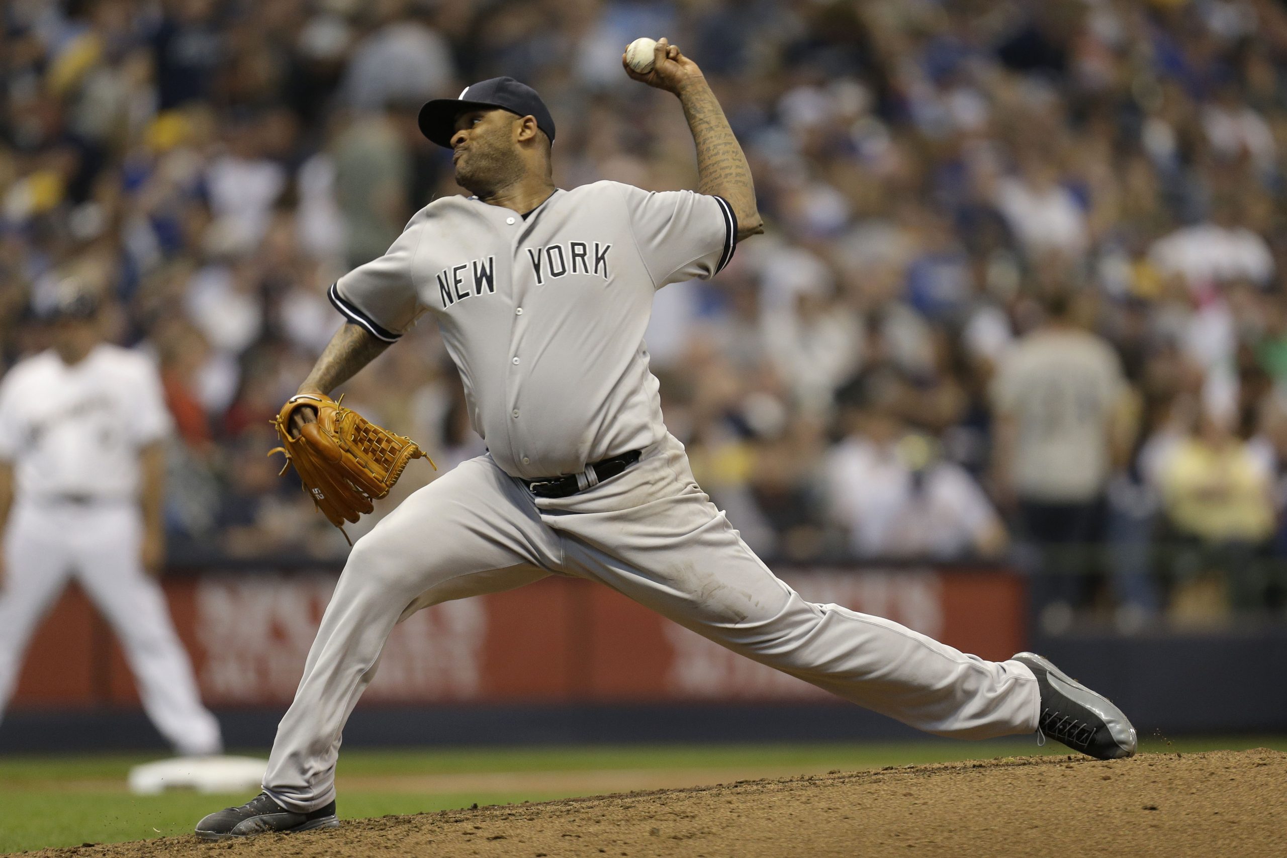 CC Sabathia of the New York Yankees pitches during the Interleague game against the Milwaukee Brewers.