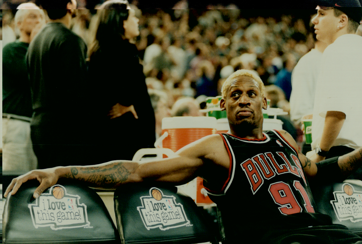 NBA legend Dennis Rodman, who most notably played for the Pistons, Spurs, and Bulls.
