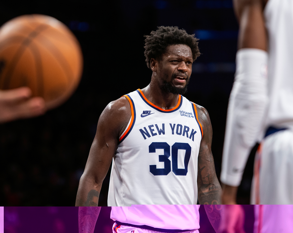 Julius Randle of the New York Knicks reacts during the game against the Brooklyn Nets.