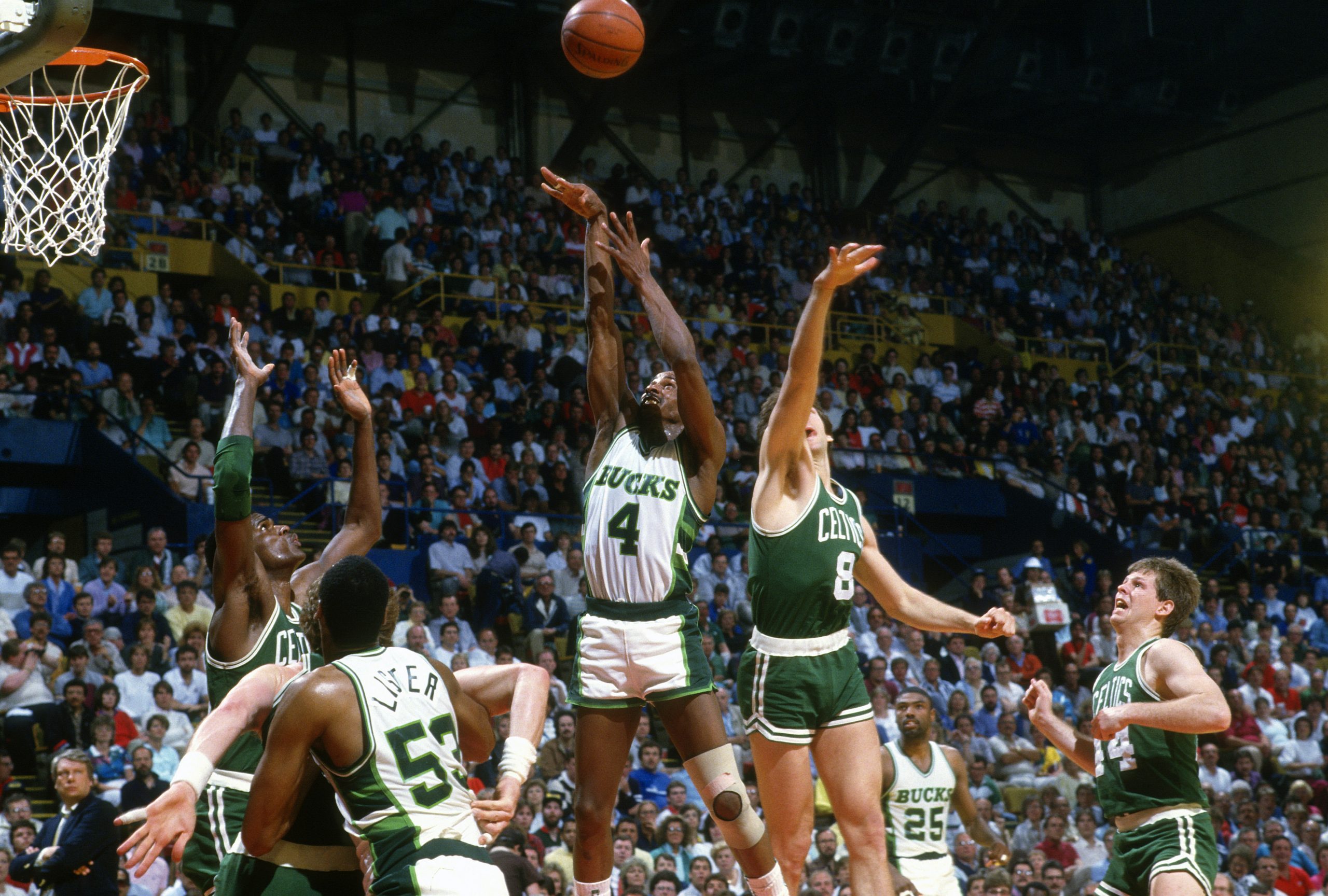 Sidney Moncrief of the Milwaukee Bucks shoots against the Boston Celtics.