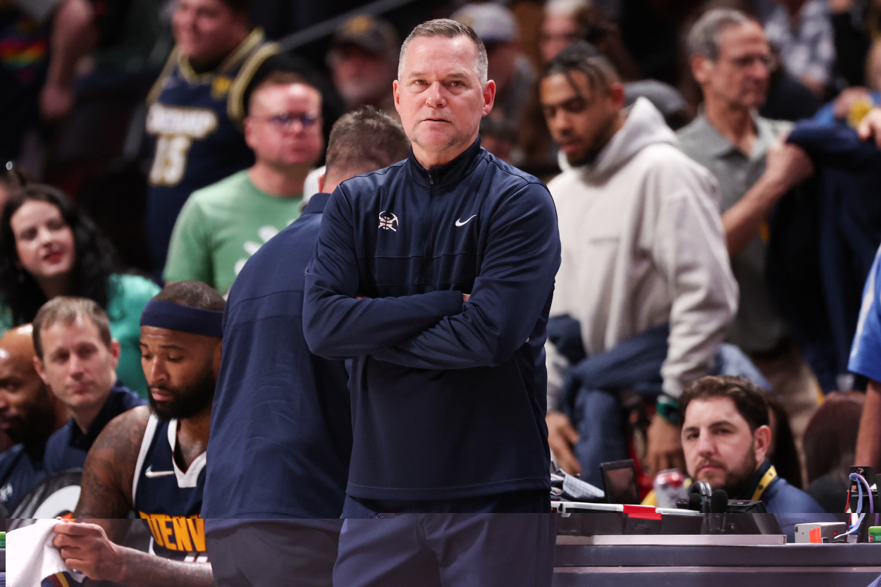 Head coach Michael Malone of the Denver Nuggets looks on against the Boston Celtics.