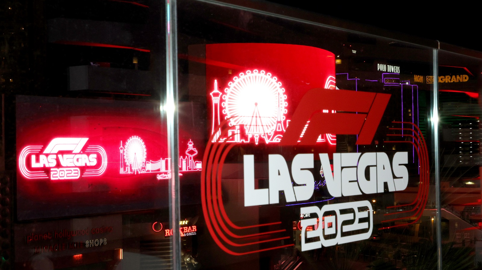 A decal of the Formula 1 Las Vegas Race 2023 is shown with digital signs on the Las Vegas Strip displaying the race logo during the announcement on March 30, 2022. | Ethan Miller / Formula 1 via Getty Images