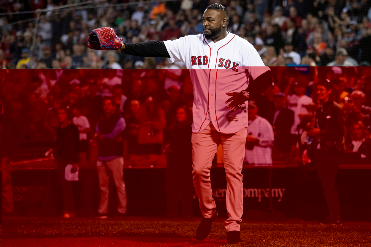 Former Boston Red Sox designated hitter David Ortiz is introduced before catching a ceremonial first pitch.