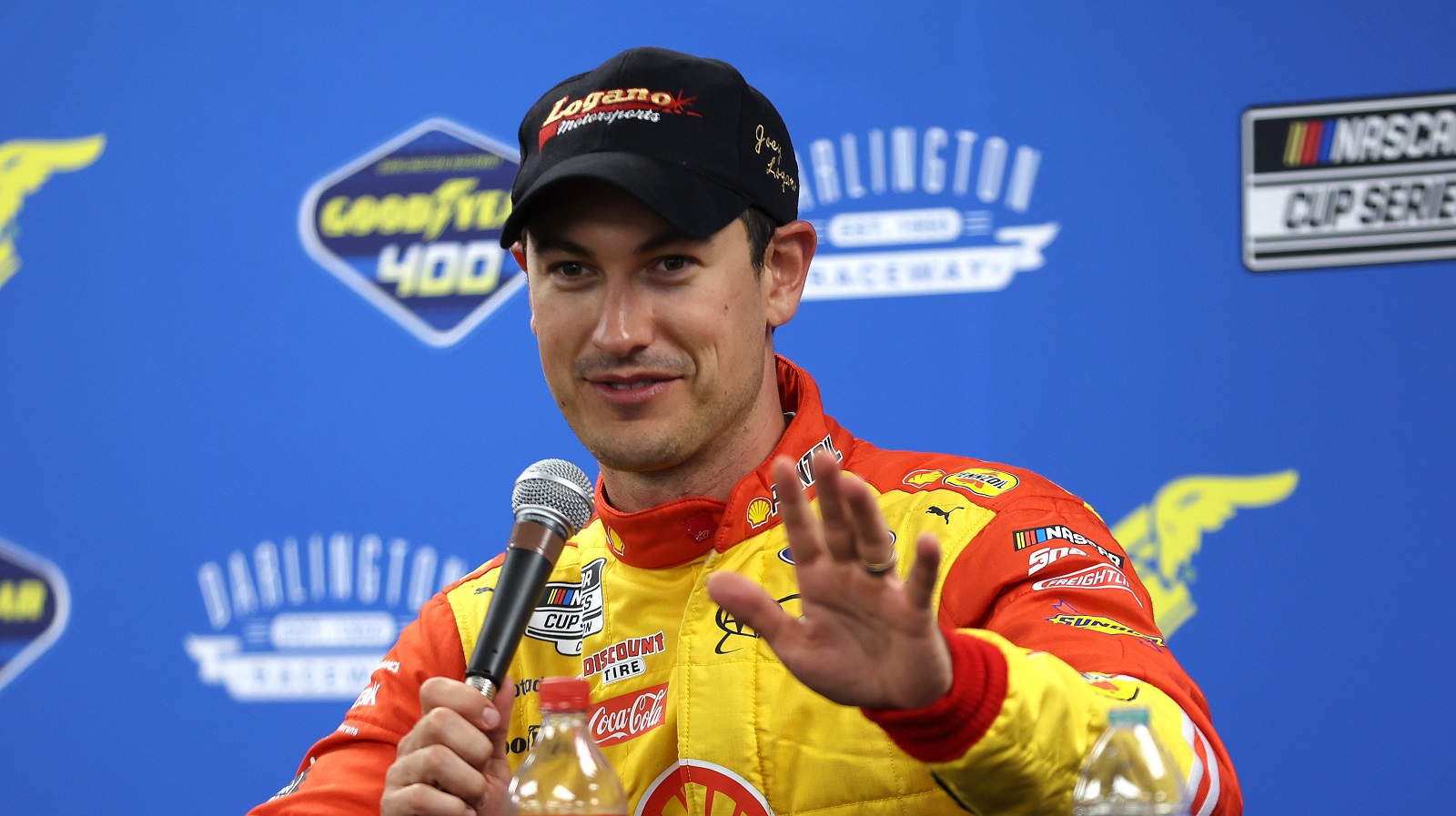 Joey Logano speaks to the media after winning the NASCAR Cup Series Goodyear 400 at Darlington Raceway on May 8, 2022.