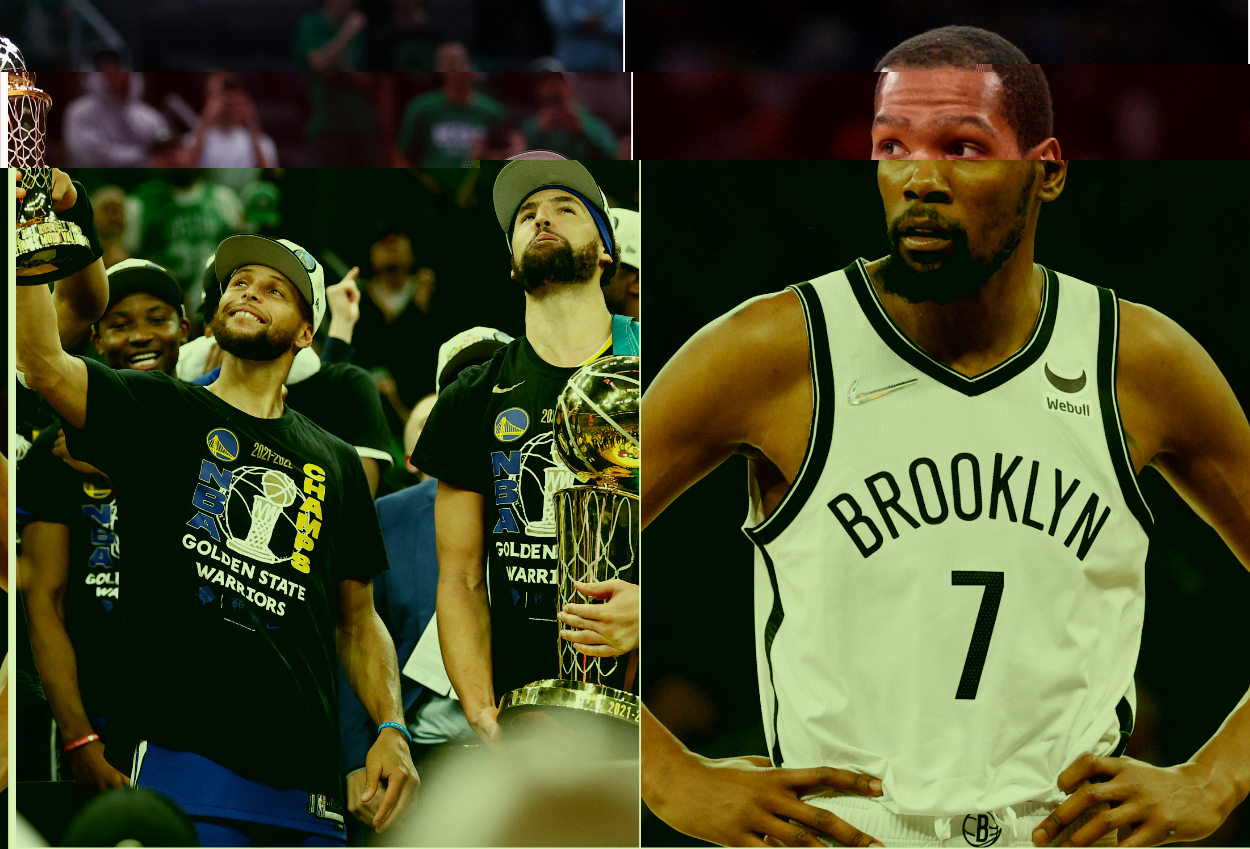 Stephen Curry and Klay Thompson celebrating their 2022 Warriors championship, and Kevin Durant with the Brooklyn Nets.