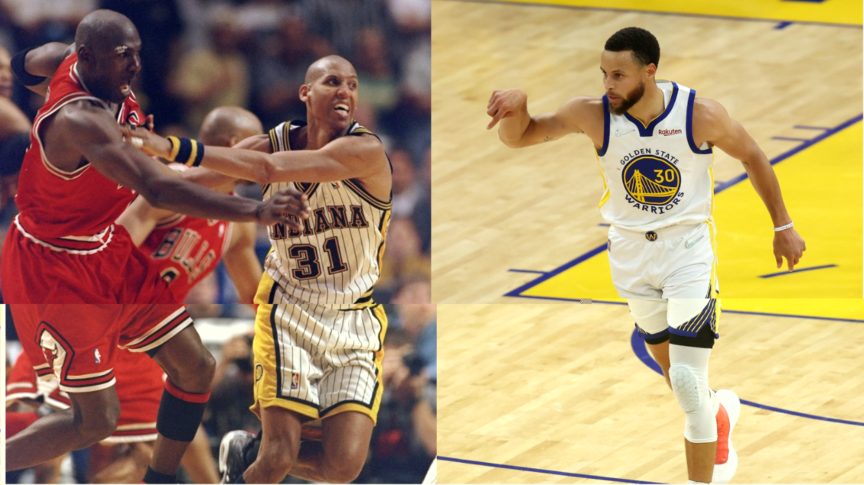 Michael Jordan occasionally guarded Reggie Miller in the 90s (L), but Miller thinks Scottie Pippen is the defender who could shut Stephen Curry (R) down.
