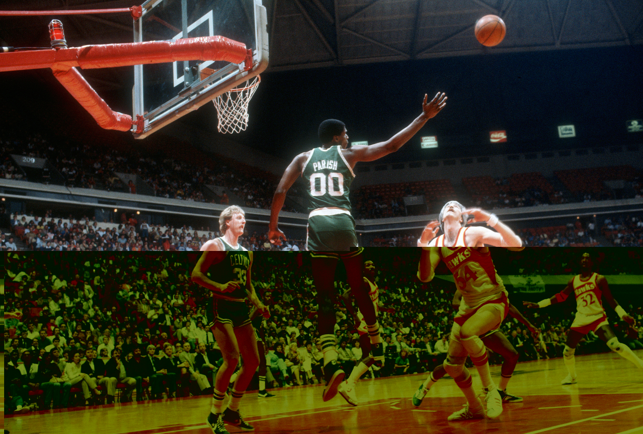Robert Parish of the Boston Celtics in action against the Atlanta Hawks.