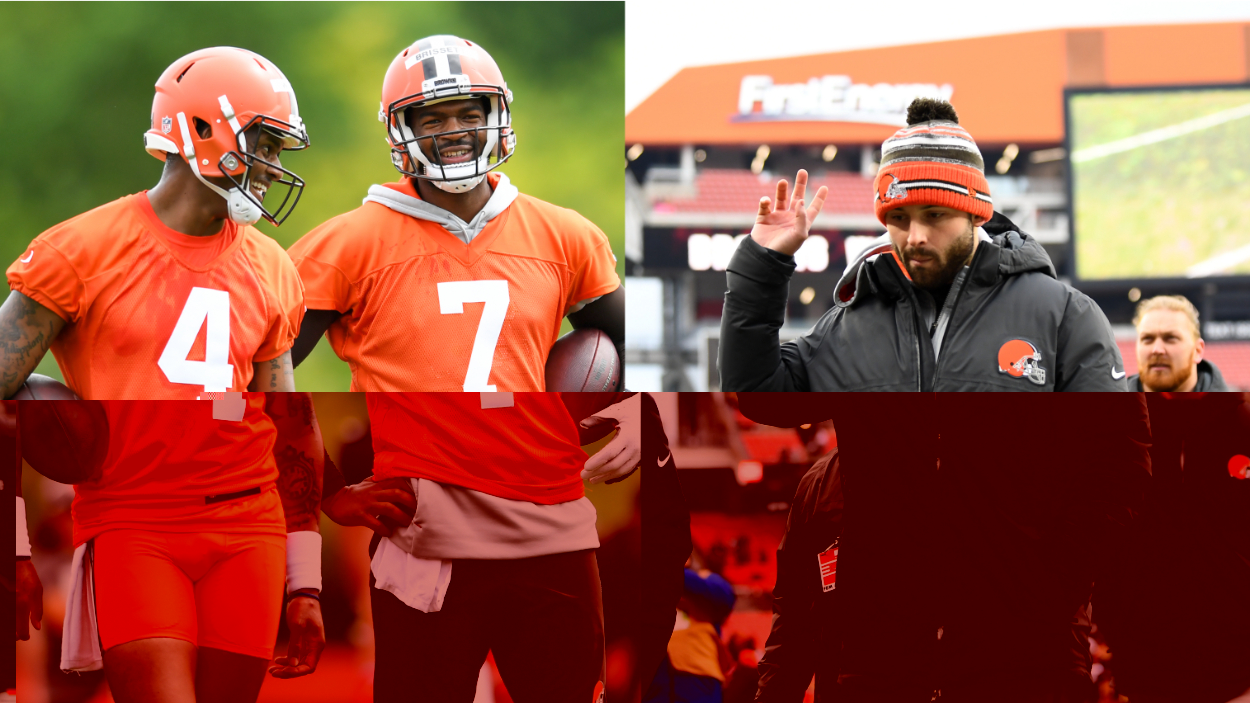 (L-R) Current Cleveland Browns quarterbacks Deshaun Watson and Jacoby Brissett, and former Browns QB Baker Mayfield