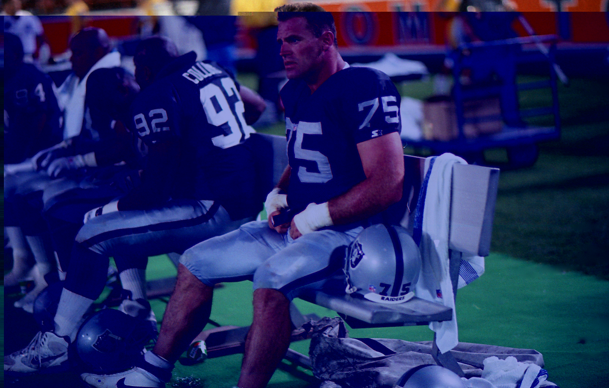 Howie Long of the Los Angeles Raiders against the Los Angeles Rams.