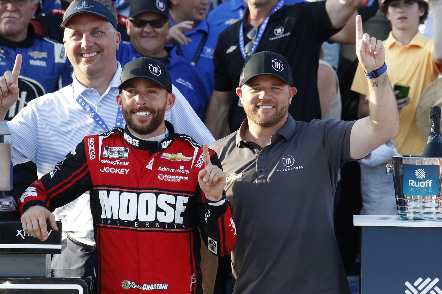 Ross Chastain poses in Victory Lane with team co-owner Justin Marks after winning the NASCAR Cup Series Geico 500 on April 24, 2022, at Talladega SuperSpeedway. | Jeff Robinson/Icon Sportswire via Getty Images