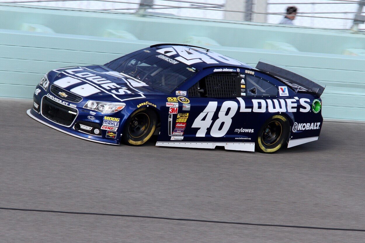 Jimmie Johnson, driver of the No.48 Lowe's Chevy, during practice for the NASCAR Sprint Cup Series - Ford EcoBoost 400 at Homestead Miami Speedway, Homestead, FL