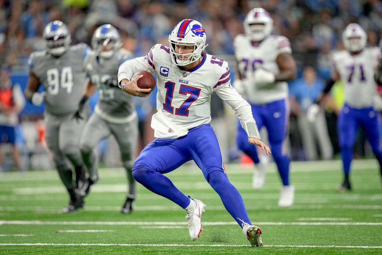 Josh Allen #17 of the Buffalo Bills runs the ball against the Detroit Lions at Ford Field on November 24, 2022 in Detroit, Michigan