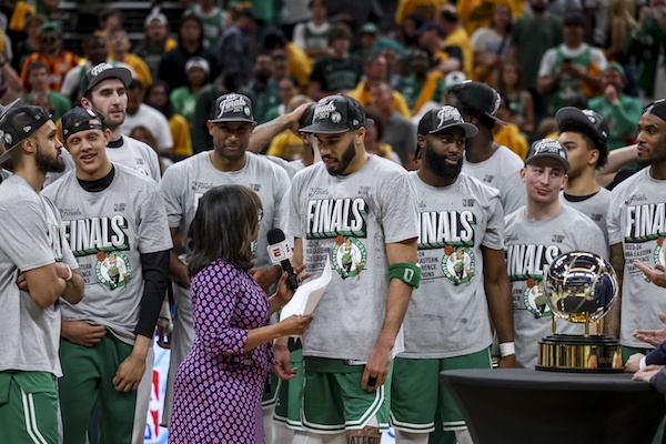 The Boston Celtics celebrate their win against the Indiana Pacers game four