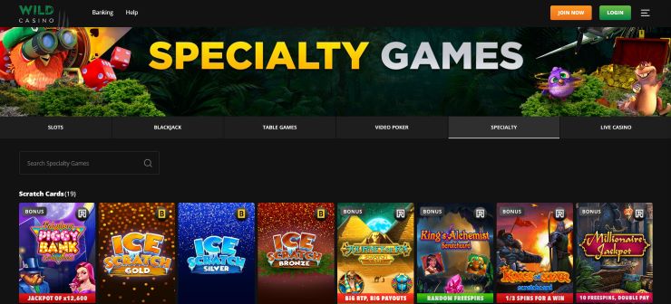 Step 1 Choose Your Site - Wild Casino specialty games page with registration buttons