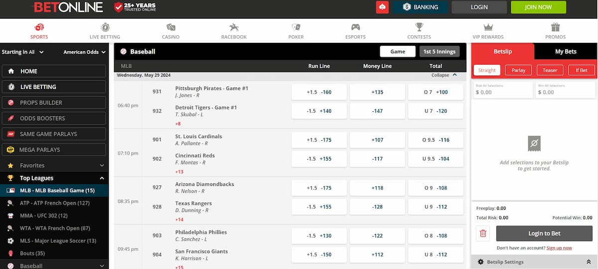 A screenshot of BetOnline's baseball betting section