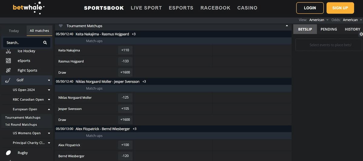 A screenshot of the BetWhale sportsbook's golf betting section.