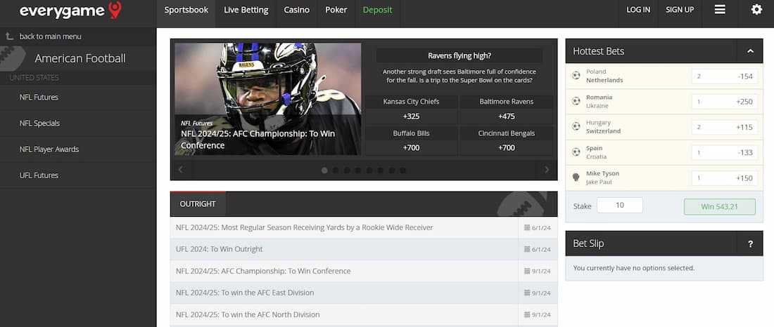 A screenshot of Everygame's American Football betting section.