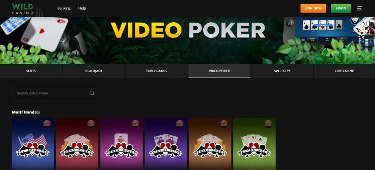 Wild Casino video poker section