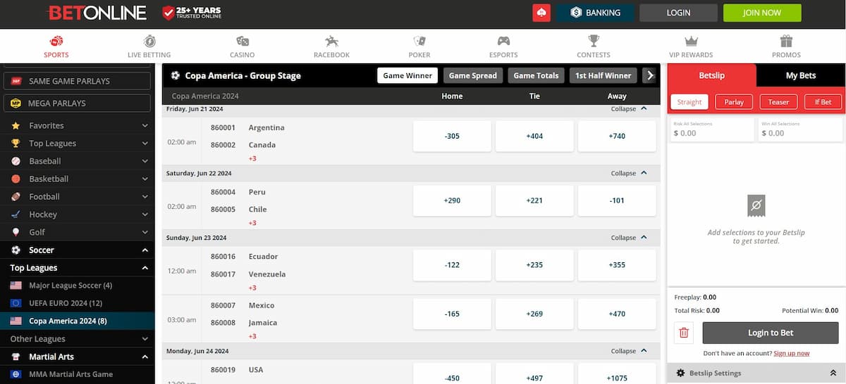 BetOnline's soccer betting section featuring MLS betting markets