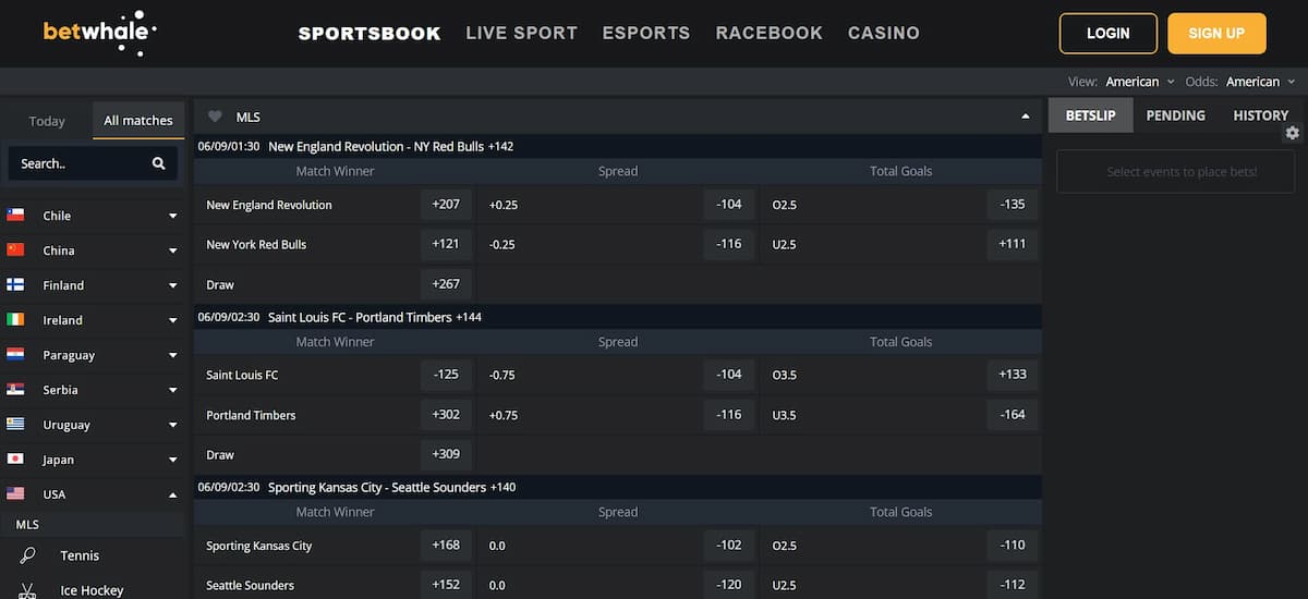 A screenshot of BetWhale's soccer betting section