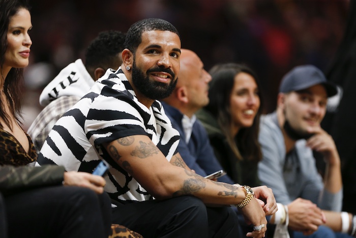 Canadian rapper Drake attends the game between the Miami Heat and the Atlanta Hawks.